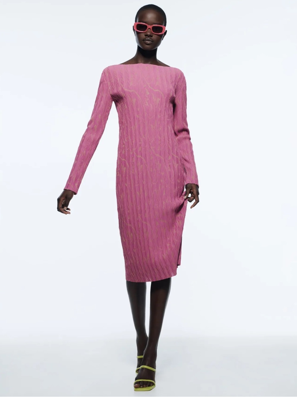 Zara Jacquard Midi Dress Small Dusty Rose Mauve Textured